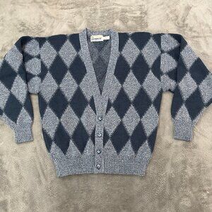 Vintage London Fog Grandpa Sweater Cardigan Argyle Men's LARGE Navy Blue USA